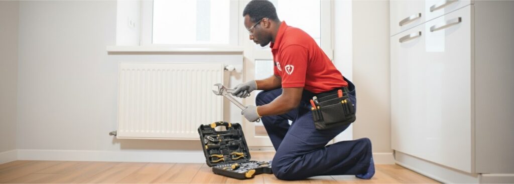 technician preparing for emergency plumbing and heating repair